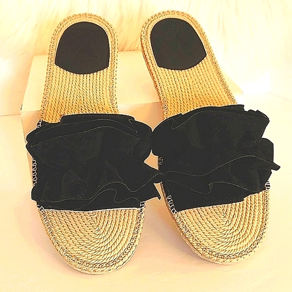 Vie Benie Womens Flat Slip On Ruffle Front Raffia Sole Sandals/Size 40 - Picture 3 of 9